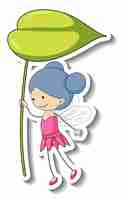 Free vector sticker template with a fairy cartoon character holding a leaf isolated