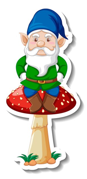 A sticker template with garden gnome sitting on mushroom