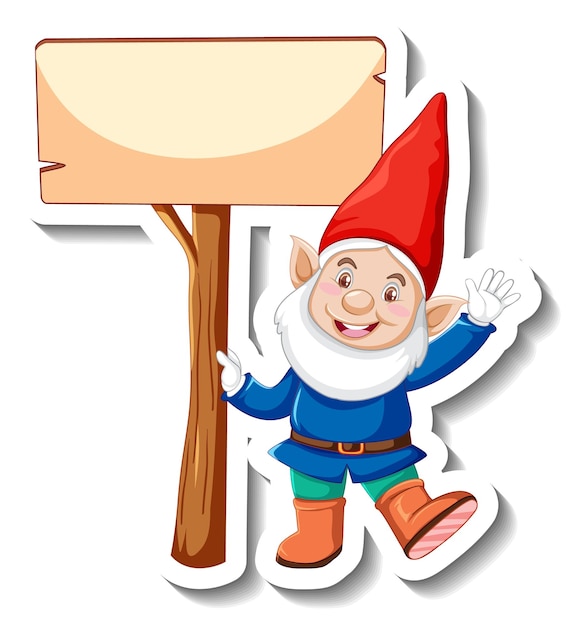 Free vector a sticker template with garden gnome standing beside blank wooden banner