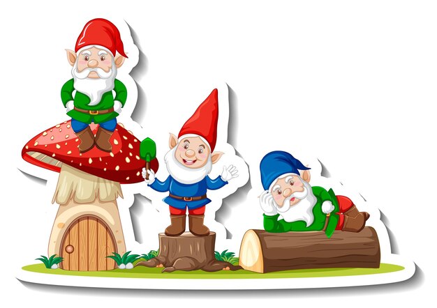 A sticker template with garden gnomes or dwarfs cartoon chracter