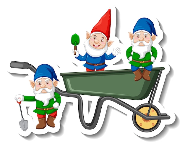 Free vector a sticker template with garden gnomes or dwarfs in wheelbarrow