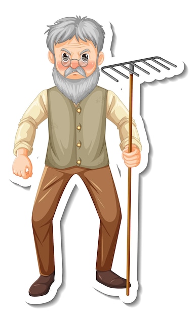 Sticker template with a gardener old man holds rake gardening tool isolated