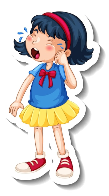 Free vector sticker template with a girl crying cartoon character isolated