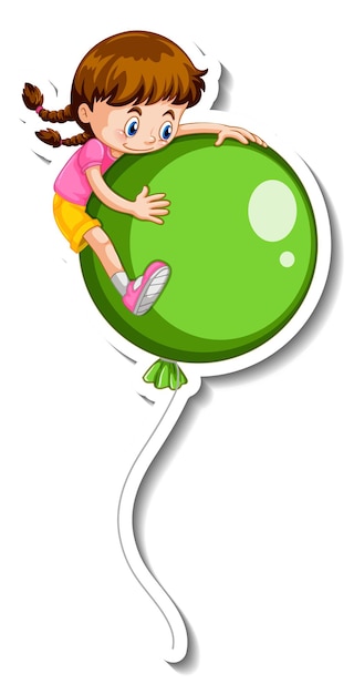 Sticker template with a girl flying with many balloons isolated