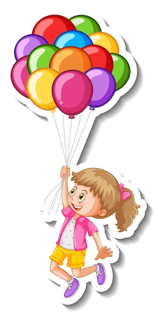 Sticker template with a girl flying with many balloons isolated