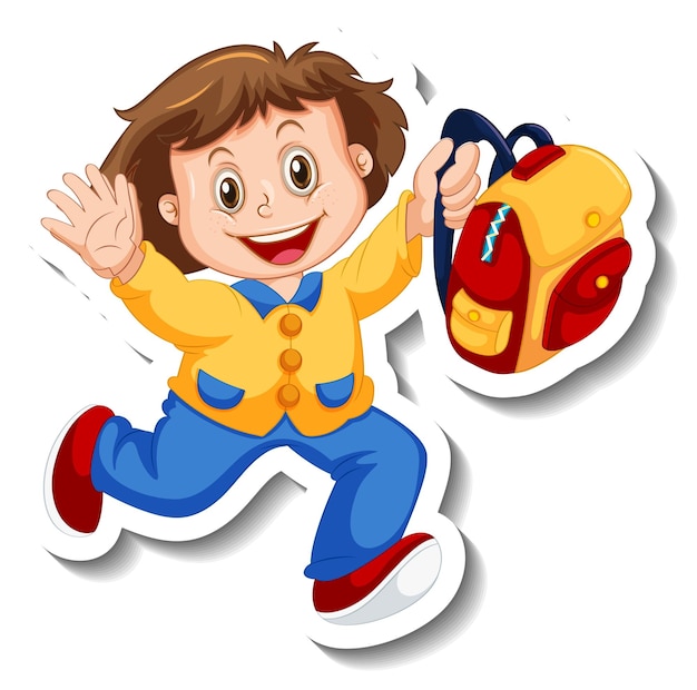 Sticker template with a girl holding backpack isolated