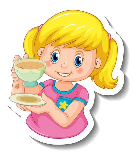 Modello di adesivo con una ragazza che tiene una tazza di tè isolata