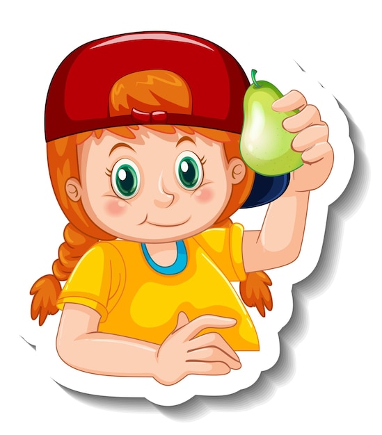 Sticker template with a girl holding a pear isolated