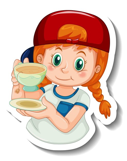 Sticker template with a girl holds a cup of tea cartoon character isolated