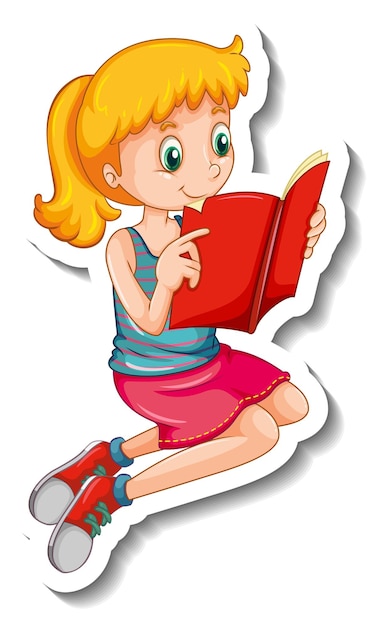 Sticker Template With A Girl Reading A Book Isolated