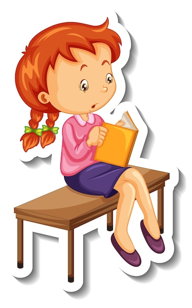 Free vector sticker template with a girl reading a book isolated