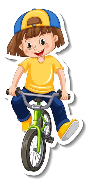 Sticker template with a girl rides a bicycle isolated