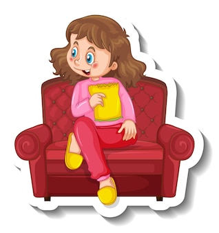 A sticker template with a girl sitting on sofa