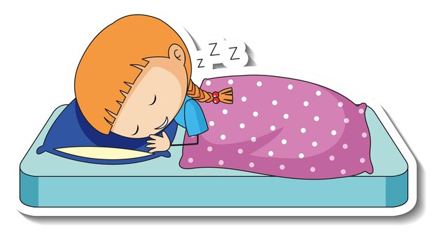 고립 된 만화 캐릭터를 자고있는 소녀와 스티커 템플릿