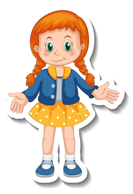 Sticker template with a girl in standing posing cartoon character isolated