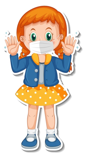 A sticker template with a girl wearing medical mask cartoon character