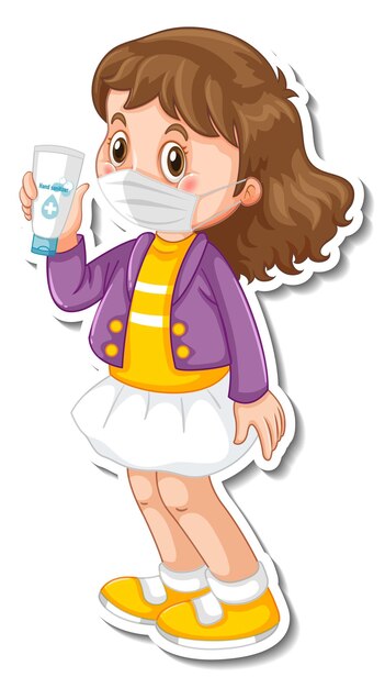 Free vector a sticker template with a girl wearing medical mask cartoon character