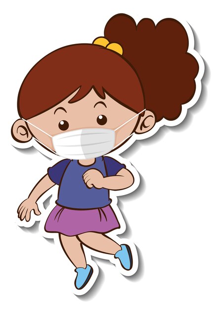 A sticker template with a girl wearing medical mask cartoon character