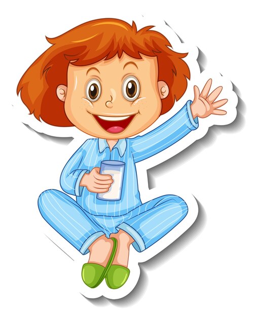 Sticker template with a girl wears pajamas cartoon character isolated