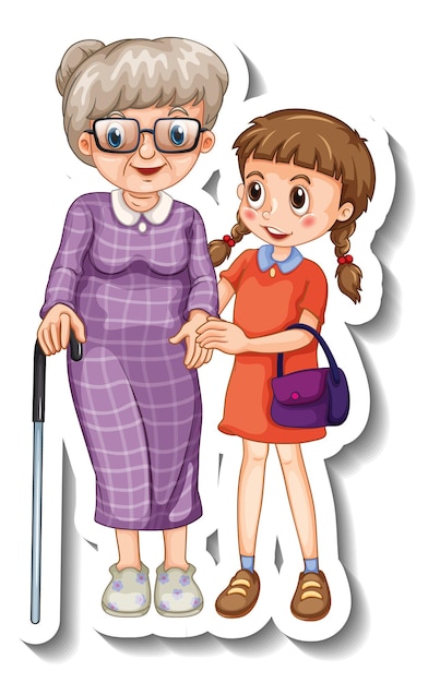 Free vector a sticker template with a grandmother and her granddaughter