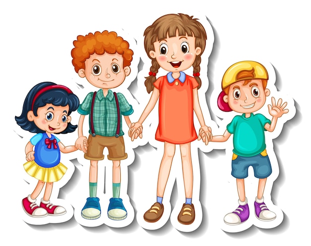 Vettore gratuito modello di adesivo con un gruppo di bambini personaggio dei cartoni animati isolato
