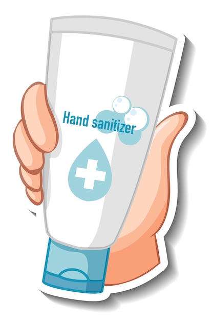 Free vector a sticker template with a hand holding hand sanitizer