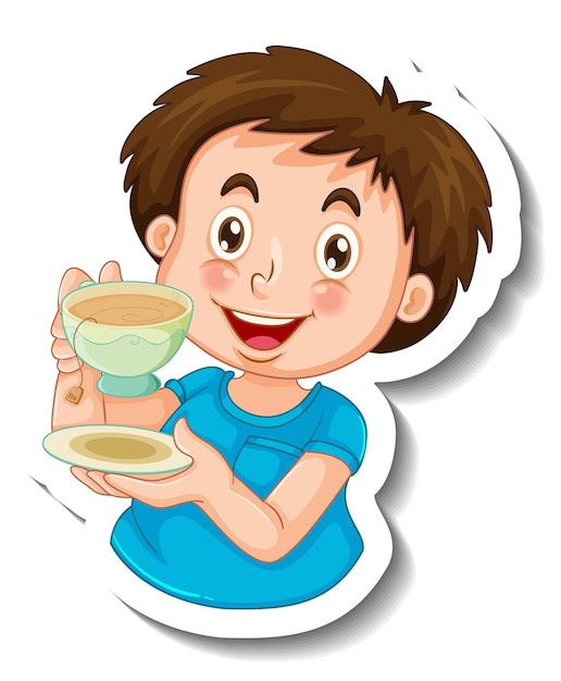 Sticker template with a happy boy holding a cup of tea isolated