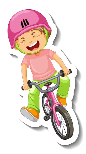 Шаблон стикера со счастливой девушкой едет на изолированном велосипеде