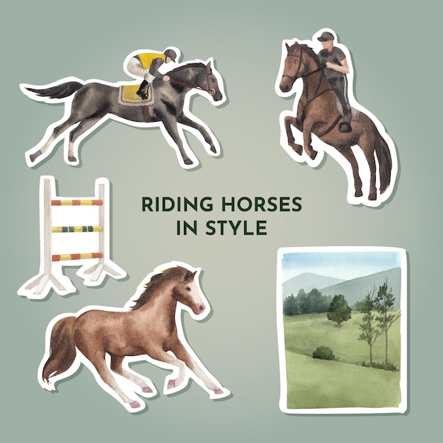 Sticker template with horseback riding concept,watercolor style