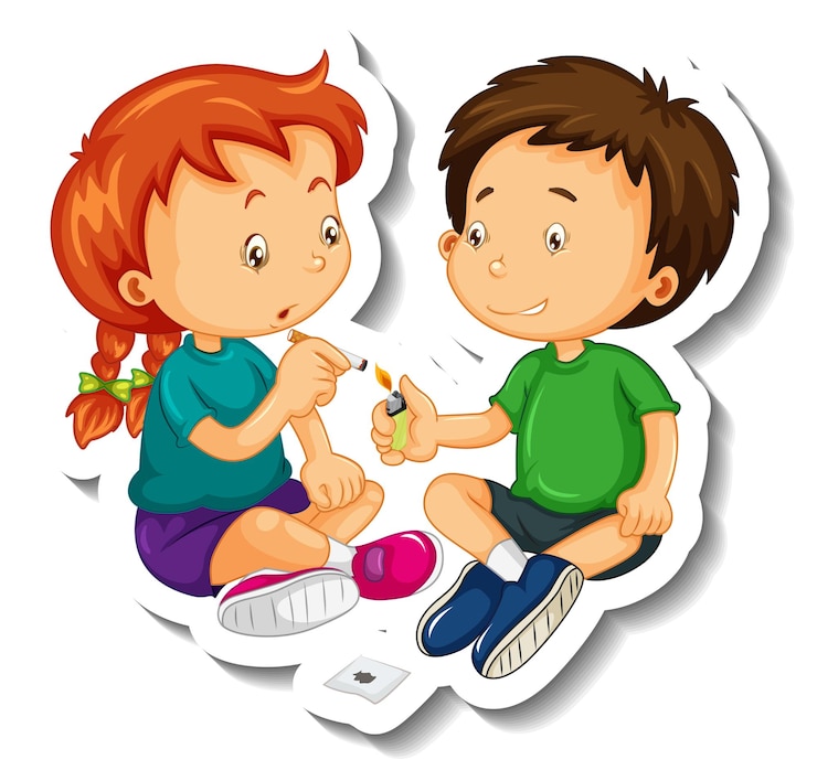 Free Vector sticker template with kids trying to smoke cigarette cartoon character isolated