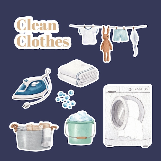 Free vector sticker template with laundry day conceptwatercolor stylexa