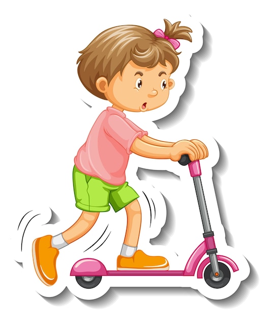 Sticker template with a little girl playing scooter cartoon character isolated