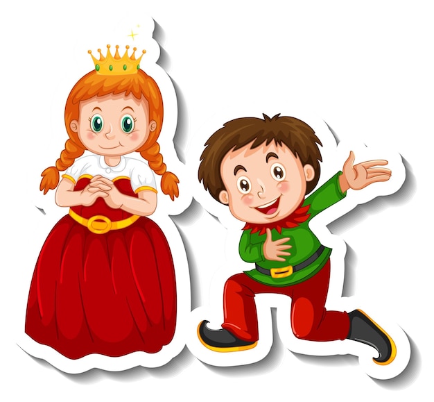 Vettore gratuito modello di adesivo con la piccola principessa e un personaggio dei cartoni animati del ragazzo isolato