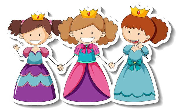 Бесплатное векторное изображение Шаблон наклейки с маленькими тремя принцессами мультяшный персонаж изолирован