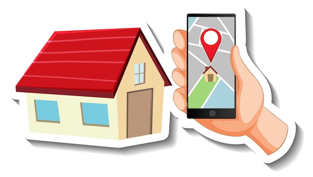 Шаблон стикера с указателем местоположения на смартфоне и доме