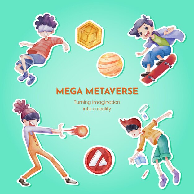 Free vector sticker template with metaverse technology concept,watercolor style