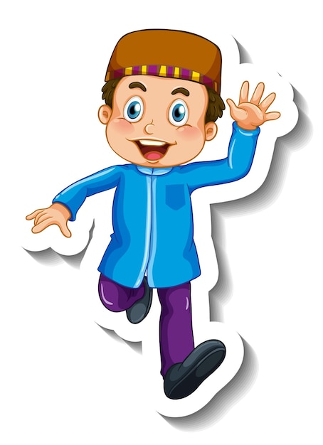 Sticker template with a muslim boy cartoon character isolated