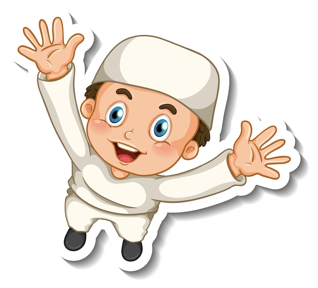 A sticker template with Muslim boy cartoon character