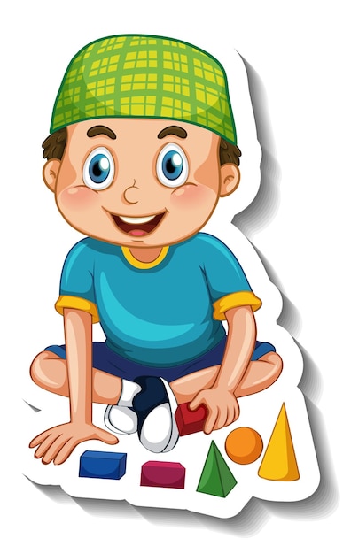 A sticker template with a muslim boy playing with his toys