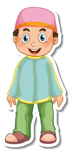 Free vector a sticker template with muslim boy in standing pose cartoon character