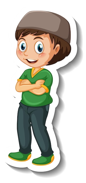 A sticker template with Muslim boy in standing pose cartoon character