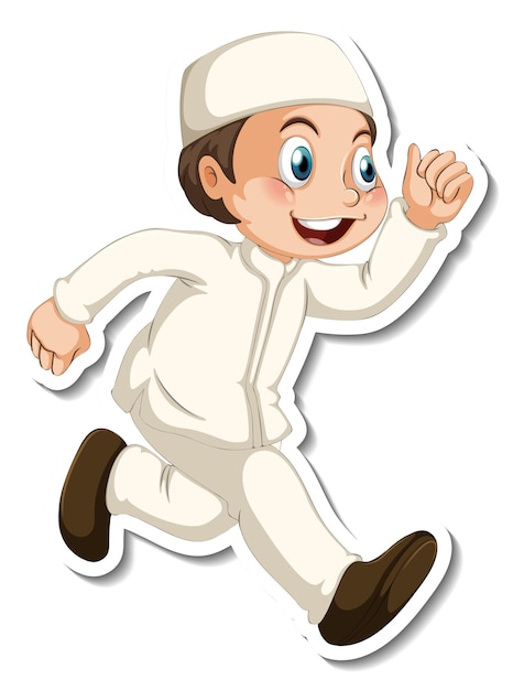 A sticker template with a muslim boy in walking pose cartoon character