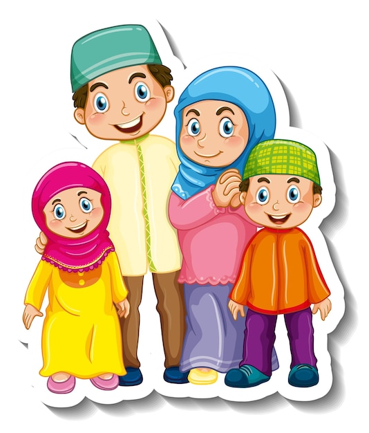 Free vector sticker template with muslim family cartoon character