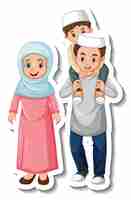 Free vector sticker template with muslim family cartoon character