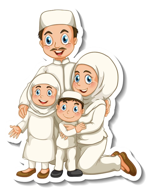 無料ベクター イスラム教徒の家族の漫画のキャラクターとステッカーテンプレート