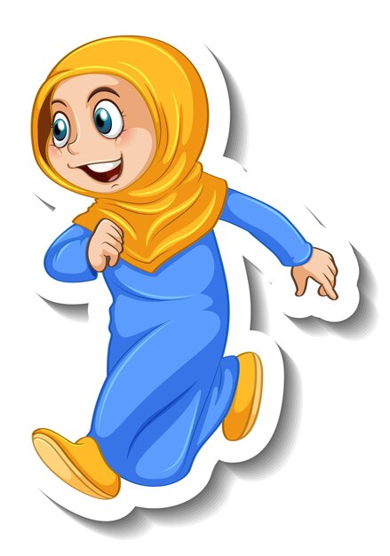 Sticker template with a muslim girl cartoon character isolated