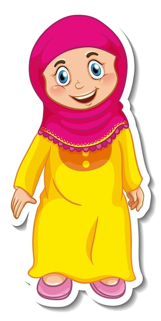 Free vector a sticker template with muslim girl cartoon character