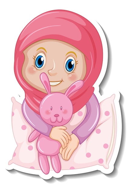 A sticker template with muslim girl hugs a pillow and rabbit doll