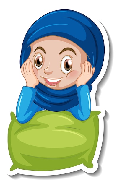 A sticker template with Muslim girl hugs a pillow