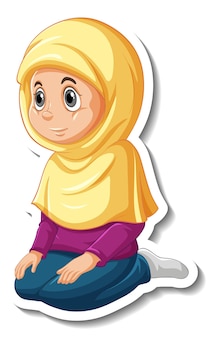 A sticker template with muslim girl praying cartoon character